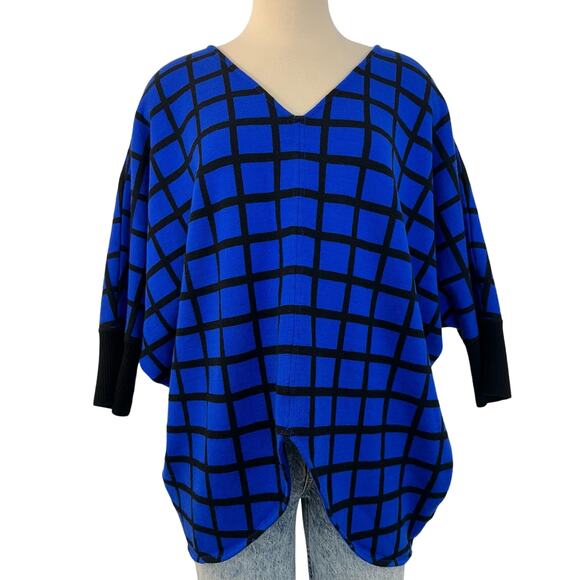 St. John Knit Tunic Royal Blue Black Window-Pane Wool Blend Sweater Size L - Picture 1 of 9